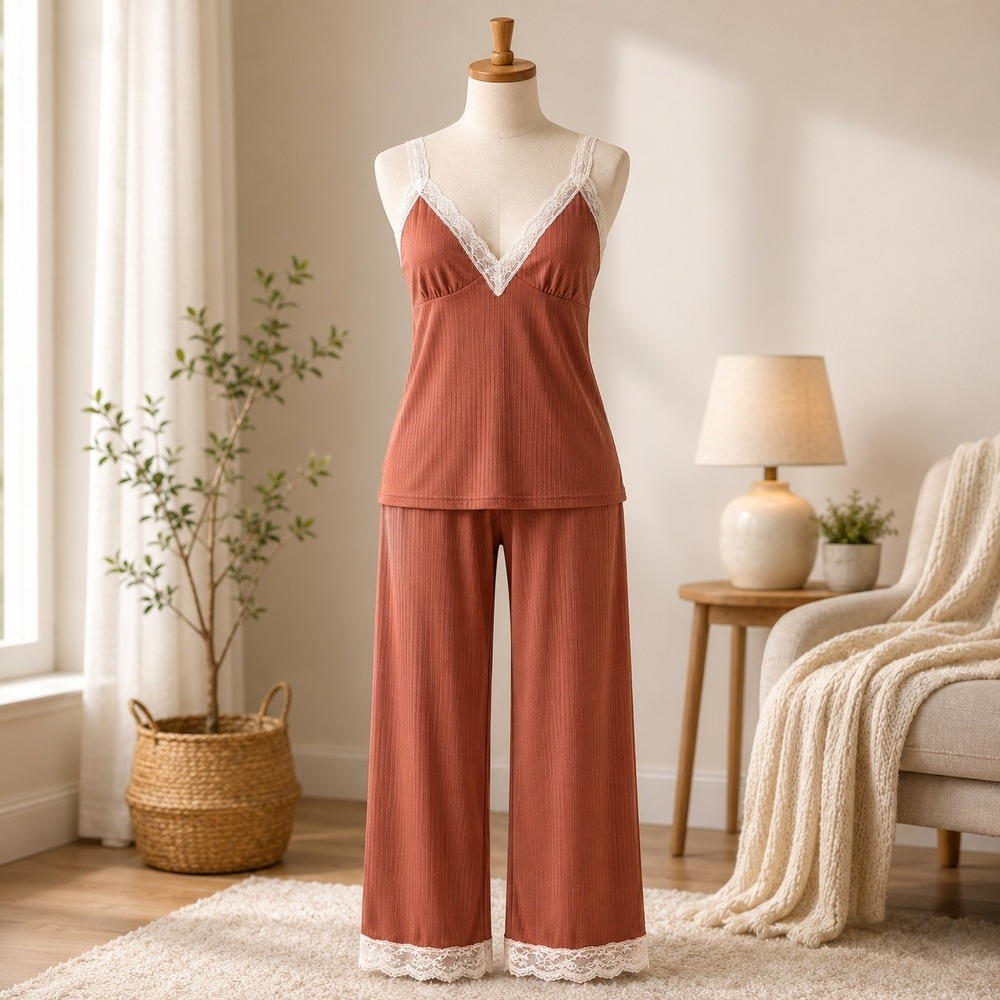 Cupshe Rust Lace-Trim Ribbed Camisole & Wide-Leg Pajama Set